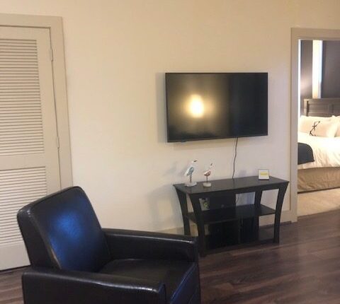 Couch view of living room of the South Carolina design at Premier Patient Housing.