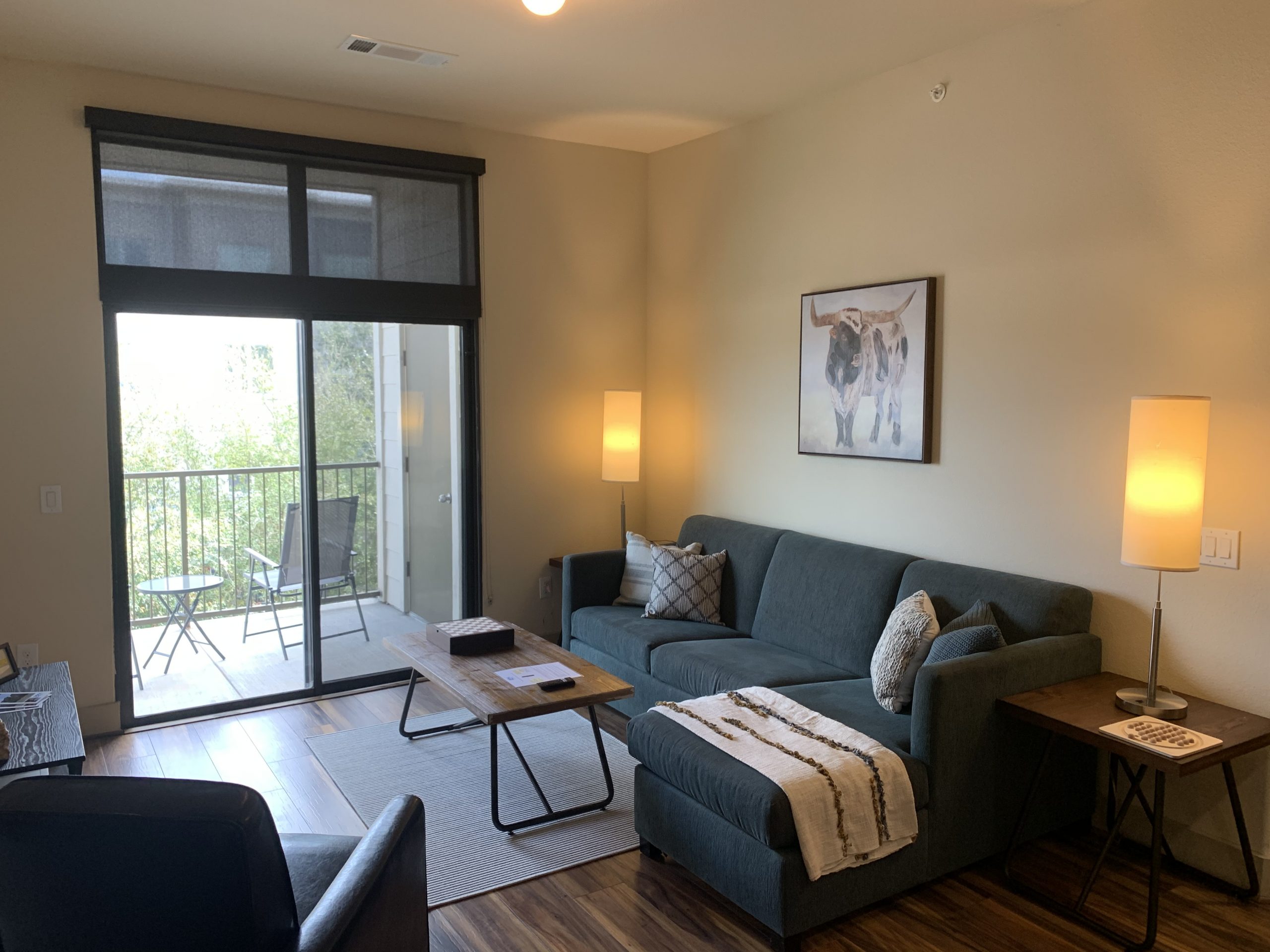 Kitchen view of living room from the Montana design at Premier Patient Housing.