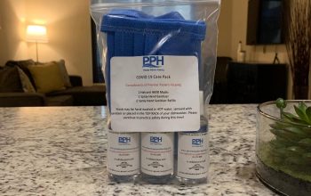 PPH Care Pack with 3 hand sanitizers and a face mask.